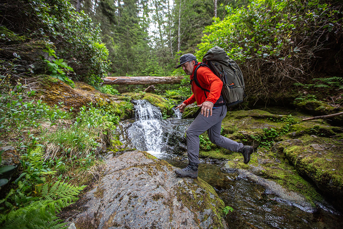 Waterproof Hiking Boots (jumping over river)