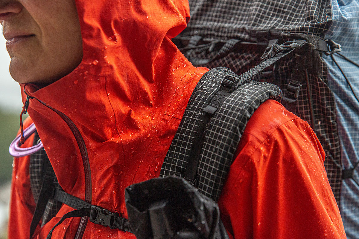 Patagonia M10 Storm Jacket (fabric closeup with pack on)