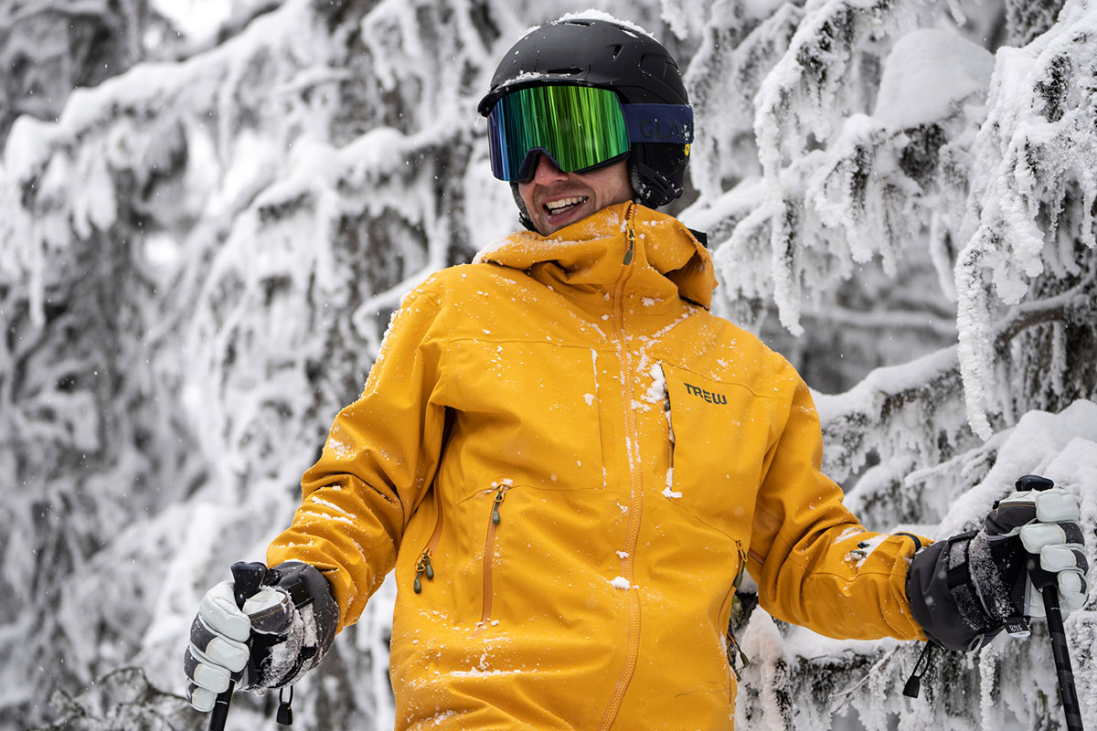 Wearing the Trew Gear Cosmic Jacket Primo in the snow